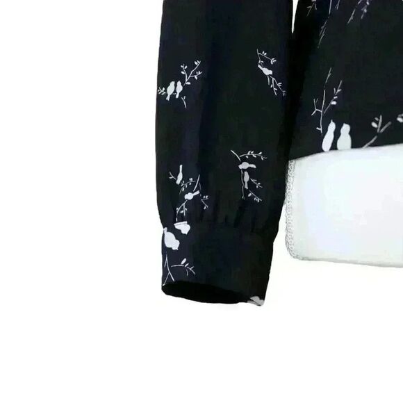 Ann Taylor LOFT Black Lovebirds Blouse V Neck Long Sleeve Sheer Tie Back Size XS - Picture 8 of 9